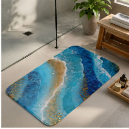 Blue Ocean Resin Art Turquoise Gold Flakes バスマット