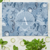 Blue Ocean Sea Life Monogram Kitchen Towel キッチンタオル (折り畳み)