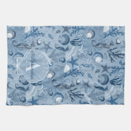 Blue Ocean Sea Life Monogram Kitchen Towel キッチンタオル