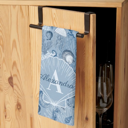 Blue Ocean Sea Life Monogram Kitchen Towel キッチンタオル (三つ折り)