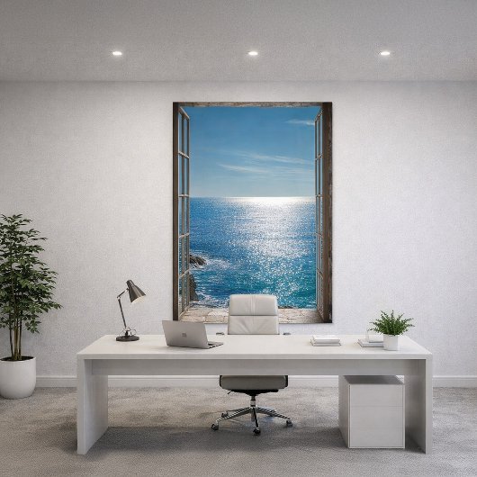 Blue Ocean View Open Window Trompe L'Oeil フォトプリント