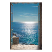Blue Ocean View Open Window Trompe L'Oeil フォトプリント (正面)
