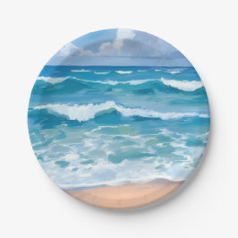 Blue Ocean Waves | Beach Sea Watercolor  ペーパープレート
