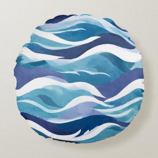 Blue Ocean Waves | Modern Simplistic Watercolor  ラウンドクッション (正面)