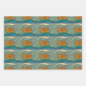 Blue Ocean Waves Nautilus Seashell Pattern Nouveau ラッピングペーパーシート (正面2)