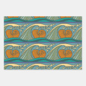 Blue Ocean Waves Nautilus Seashell Pattern Nouveau ラッピングペーパーシート (正面)