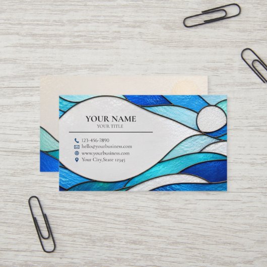 Blue Ocean Waves Stained Glass Business Card 名刺 (正面/裏面インサイチュ)