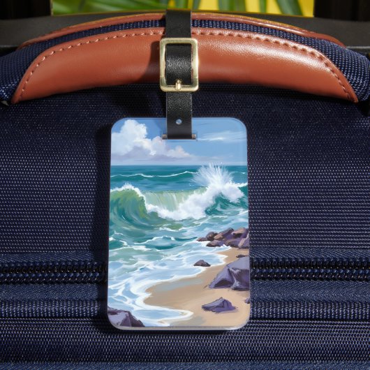 Blue Ocean Waves Watercolor Painting ラゲッジタグ (正面インサイチュ2)