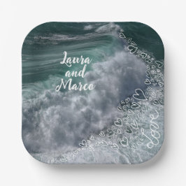 Blue ocean with drawn hearts ペーパープレート