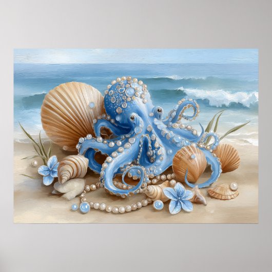 Blue Octopus Coastal Wall Art Print | Wall Poster ポスター (正面)