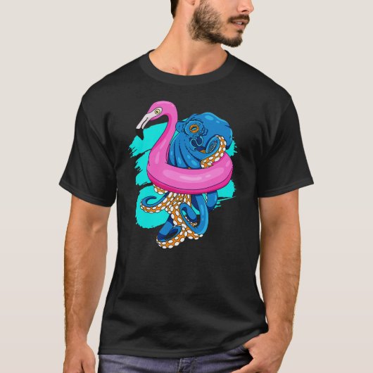 Blue Octopus In Pink Flamingo Swimming Pool Fun Oc Tシャツ (正面)