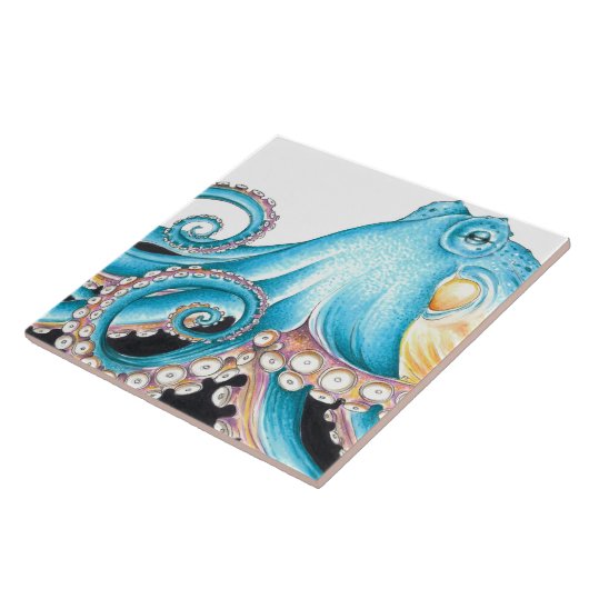 Blue Octopus On White Ink タイル (側面)