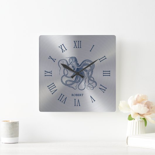 Blue Octopus Roman Numerals On Dark Silver スクエア壁時計 (ホーム)