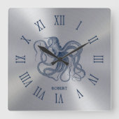 Blue Octopus Roman Numerals On Dark Silver スクエア壁時計 (正面)