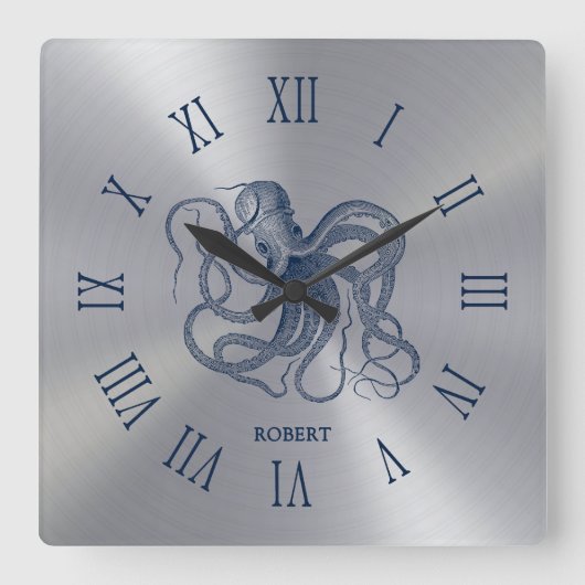 Blue Octopus Roman Numerals On Dark Silver スクエア壁時計 (正面)