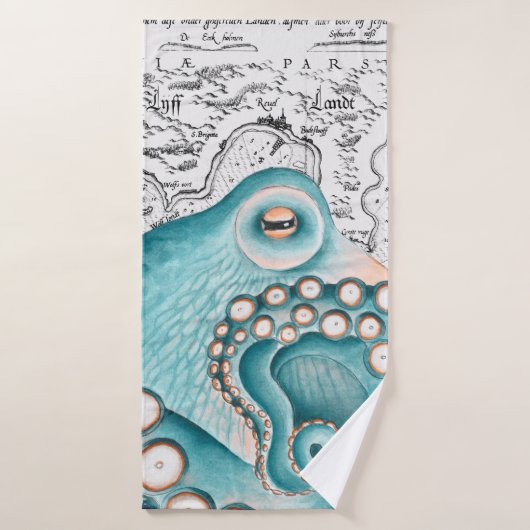 Blue Octopus Vintage Map Nautical Art バスタオルセット (バスタオル)