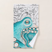 Blue Octopus Vintage Map Nautical Art バスタオルセット (ハンドタオル)