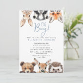 Blue Oh Boy Forest Woodland Animals Baby Shower 招待状 (スタンド正面)