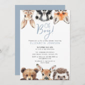 Blue Oh Boy Forest Woodland Animals Baby Shower 招待状 (正面/裏面)