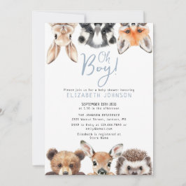 Blue Oh Boy Forest Woodland Animals Baby Shower 招待状
