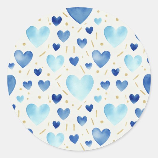 Blue Ombre Watercolor & Gold Glitter Heart Pattern ラウンドシール (正面)