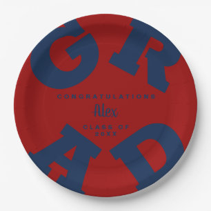 Blue on Dark Red Custom Name Graduation ペーパープレート