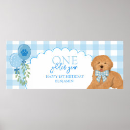 Blue One Golden Year Doodle Puppy 1st Birthday ポスター