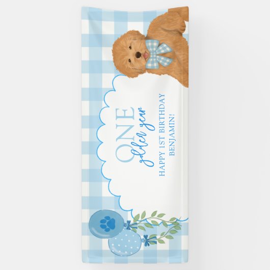 Blue One Golden Year Doodle Puppy 1st Birthday 横断幕 (縦)