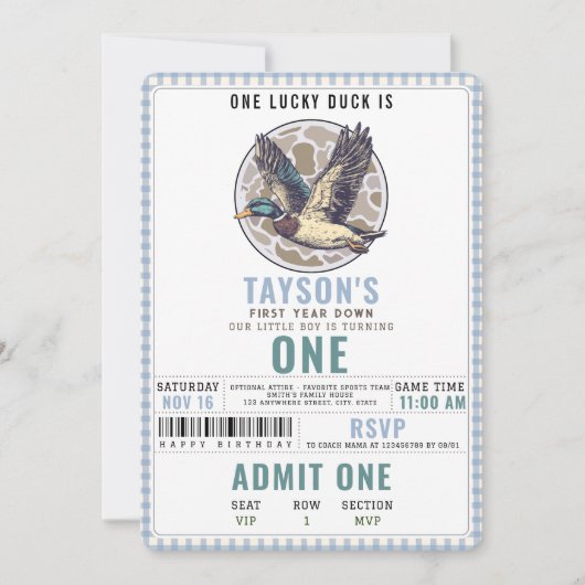 Blue One Lucky Duck 1st Birthday | Cute Duck 招待状 (正面)