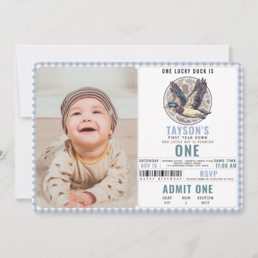 Blue One Lucky Duck 1st Birthday | Cute Duck 招待状 (正面)