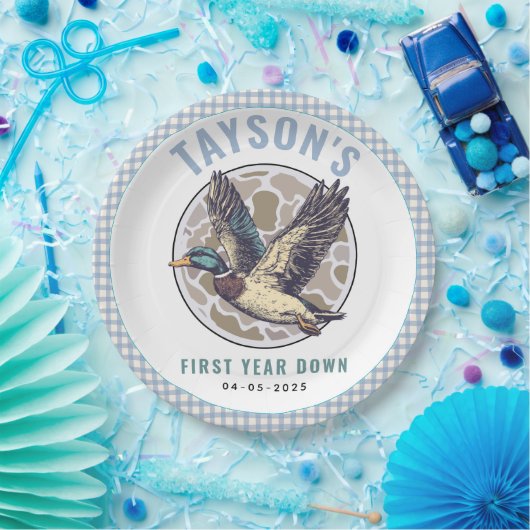 Blue One Lucky Duck 1st Birthday Party Cute Rubber ペーパープレート (パーティー)