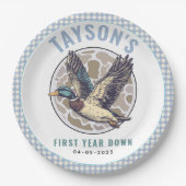 Blue One Lucky Duck 1st Birthday Party Cute Rubber ペーパープレート (正面)