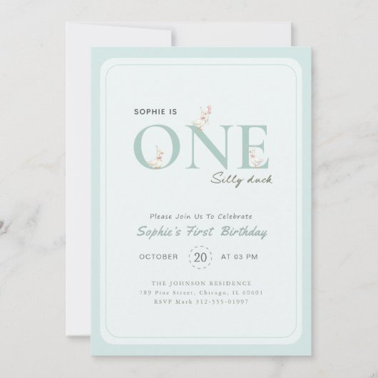 Blue One Silly Duck Bow Baby First Birthday 招待状 (正面)