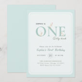 Blue One Silly Duck Bow Baby First Birthday 招待状 (正面/裏面)
