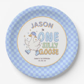 Blue One Silly Goose - レトロな男の子の1歳の誕生日 ペーパープレート (正面)