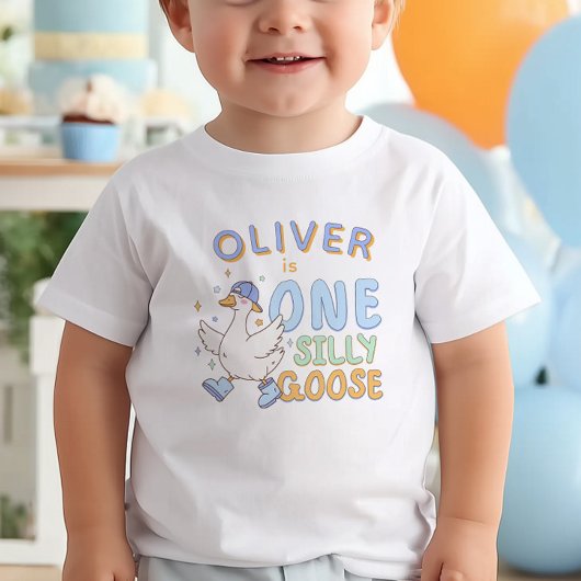 Blue One Silly Goose - Retro Boy First Birthday ベビーTシャツ
