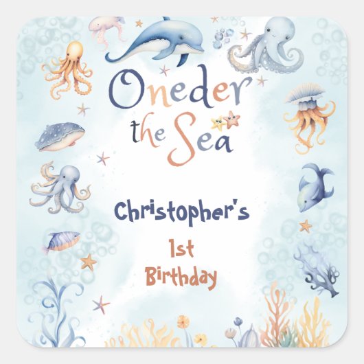 Blue Oneder the sea first birthday Sticker スクエアシール (正面)