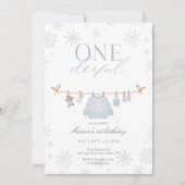 Blue ONEderful Winter First Birthday Invitation サンキューカード (正面)