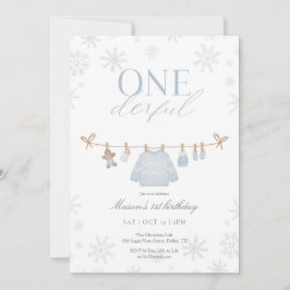 Blue ONEderful Winter First Birthday Invitation サンキューカード