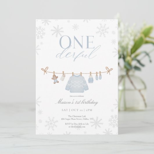 Blue ONEderful Winter First Birthday Invitation サンキューカード (スタンド正面)