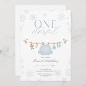 Blue ONEderful Winter First Birthday Invitation サンキューカード (正面/裏面)