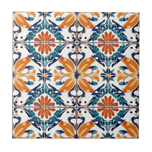 Blue Orange and Yellow Pattern Ceramic Tile タイル (正面)