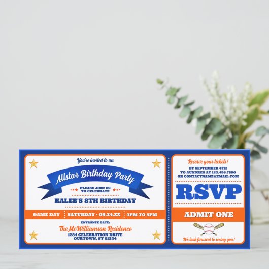 Blue & Orange Baseball Allstar Ticket Birthday 招待状 (スタンド正面)