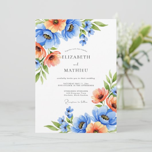 Blue Orange Blooming Romance Wedding 招待状 (スタンド正面)