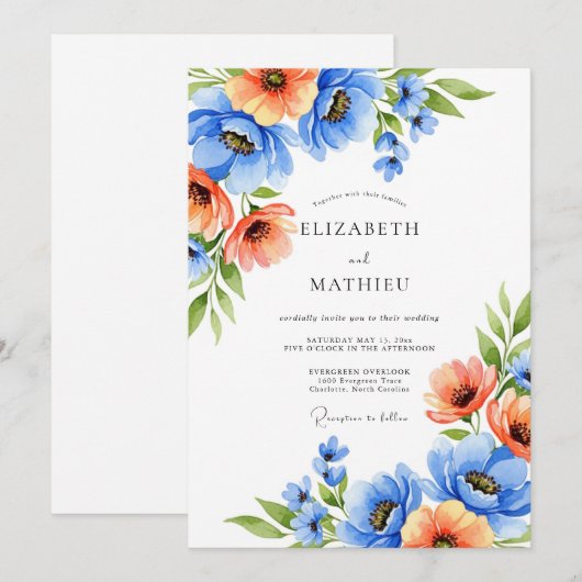 Blue Orange Blooming Romance Wedding 招待状 (正面/裏面)