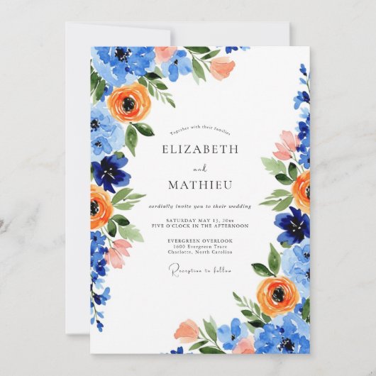 Blue Orange Blooming Spring Wedding 招待状 (正面)