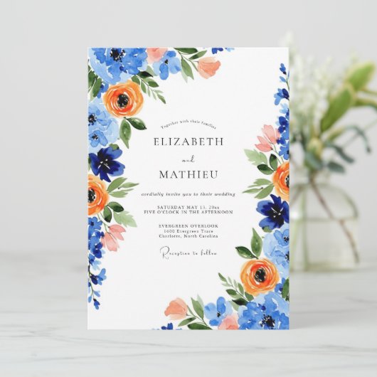 Blue Orange Blooming Spring Wedding 招待状 (スタンド正面)