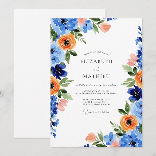 Blue Orange Blooming Spring Wedding 招待状 (正面/裏面)