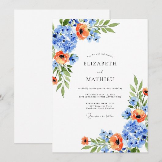 Blue Orange Blossom Spring Wedding 招待状 (正面/裏面)