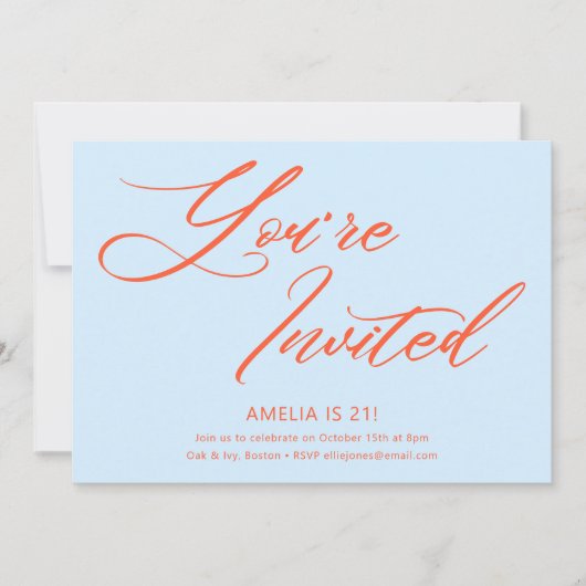 Blue Orange Bold Script 21st Birthday Party 招待状 (正面)